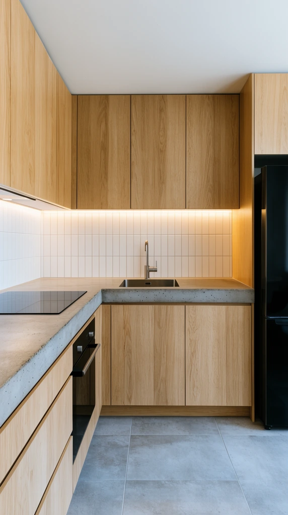 A minimalist galley kitchen with light wood flat-panel cabinetry and a raw concrete countertop. A black cooktop and stainless steel sink sit below a white vertical subway tile backsplash illuminated by warm under-cabinet LED lighting. The space features large gray floor tiles and a partially visible black refrigerator on the right. Interior architectural photography with clean lines.