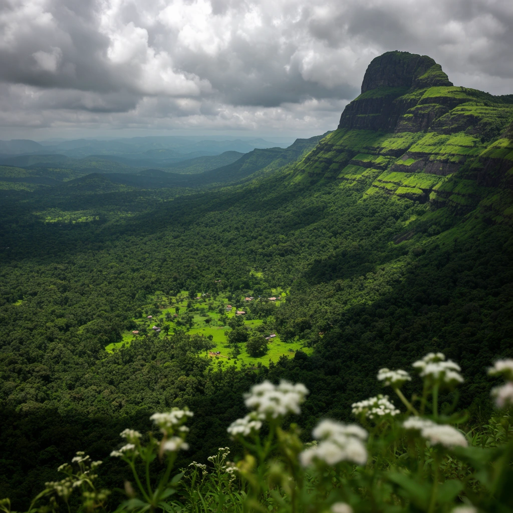 expansive lush green mountain landscape, towering terraced rock peak on the right, deep valley of dense forest canopy, tiny rural settlement in a bright green clearing, blurred white wildflowers in the immediate foreground, distant rolling hills in atmospheric haze, overcast sky with heavy textured cumulus clouds, dramatic natural lighting with deep shadows and sunlit patches, high vantage point wide-angle photography