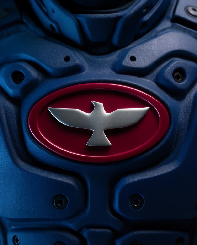 abstract silver hawk silhouette emblem, smooth crimson oval frame, embedded in matte navy blue sculpted tactical armor, textured rubbery surface, heavy molded plating, dramatic cinematic lighting, cool blue shadows, sharp focus macro shot
