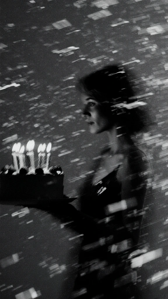 grainy black and white cinematic photography, extreme motion blur, heavy silver halide film grain, a woman in profile holding a lit birthday cake with glowing candles, soft light from the flames, blurred diagonal streaks of white light across the frame, high contrast noir aesthetic, moody atmosphere, soft focus, dynamic movement, dark shadows, ethereal textures, monochromatic palette, vintage film look, low shutter speed effect, abstract background, gritty texture.