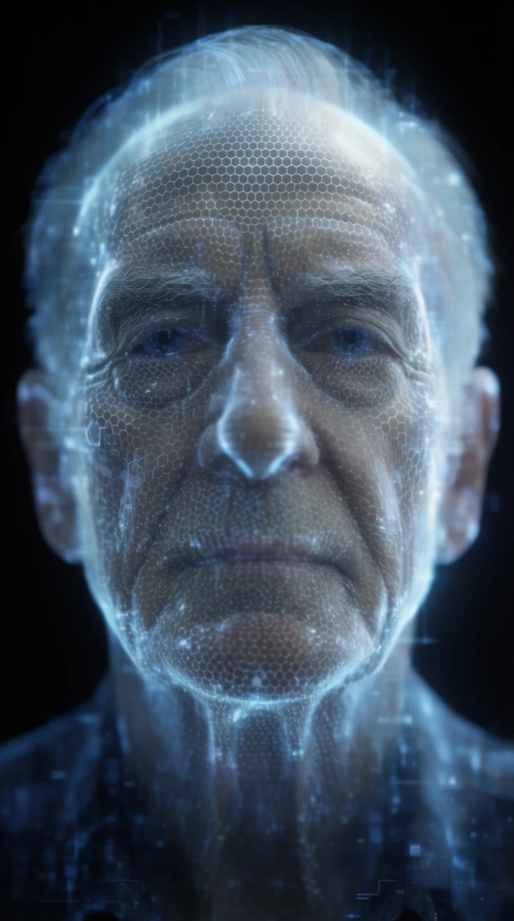 holographic projection of an elderly man, glowing blue light, hexagonal digital mesh mapping facial contours, translucent, pitch-black background, cinematic sci-fi aesthetic, shallow depth of field