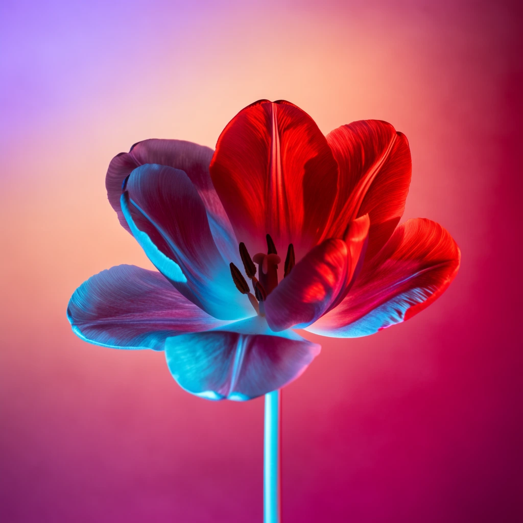 A single fully opened tulip centered against a smooth color gradient. Dramatic dual-toned gel lighting illuminates the flower, saturating the right side of the petals in intense crimson red while bathing the left side and lower petals in vibrant cyan. The directional light accentuates the delicate, deeply textured veins across the petal surfaces. Dark prominent stamens sit in the core of the wide bloom above a thin, straight stem glowing in bright cyan. The background is a seamless, hazy gradient transitioning from soft violet in the upper left to warm peach behind the flower, blending into a deeply saturated magenta across the right and bottom.
