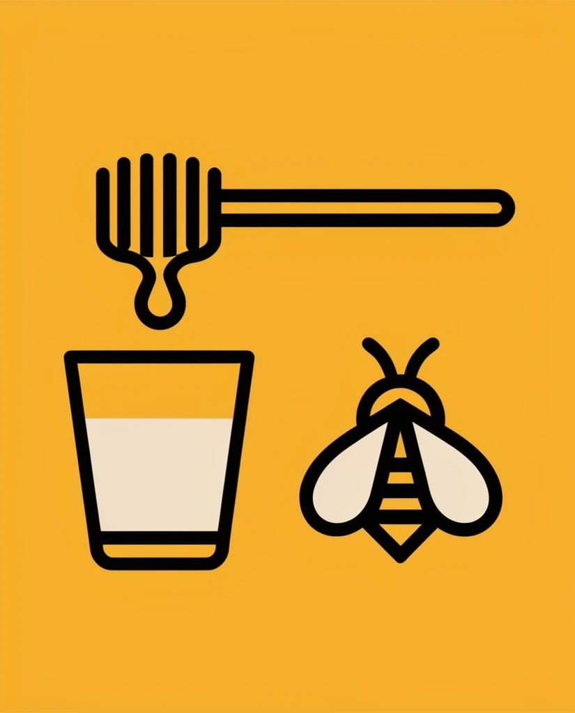 A minimalist vector illustration set against a solid mustard-yellow background. The composition features a horizontal honey dipper rendered in thick black line art, with a single droplet falling from its grooved tip. Directly below the drip rests a tumbler glass outlined in bold black, filled halfway with a solid cream-colored liquid. To the right of the glass is a stylized, top-down icon of a bee constructed from stark black geometric strokes, featuring solid cream-colored, teardrop-shaped wings spread outward. The artwork employs a striking, high-contrast infographic aesthetic with uniform stroke weights, strict geometric symmetry, and a completely flat two-dimensional perspective using only solid blocks of color.
