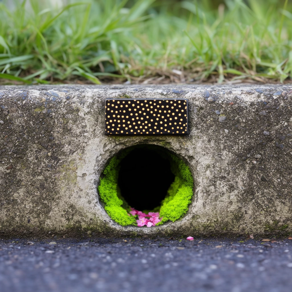 A circular drainage hole in a weathered concrete curb contains bright neon green moss and tiny pink flower petals resting on its lower inner edge. A small rectangular black plaque patterned with glowing gold dots is mounted directly above the dark void. The low-angle macro photograph uses a shallow depth of field to sharply focus on the curb while blurring the overgrown green grass at the top and the dark gray asphalt street in the foreground under soft natural daylight.