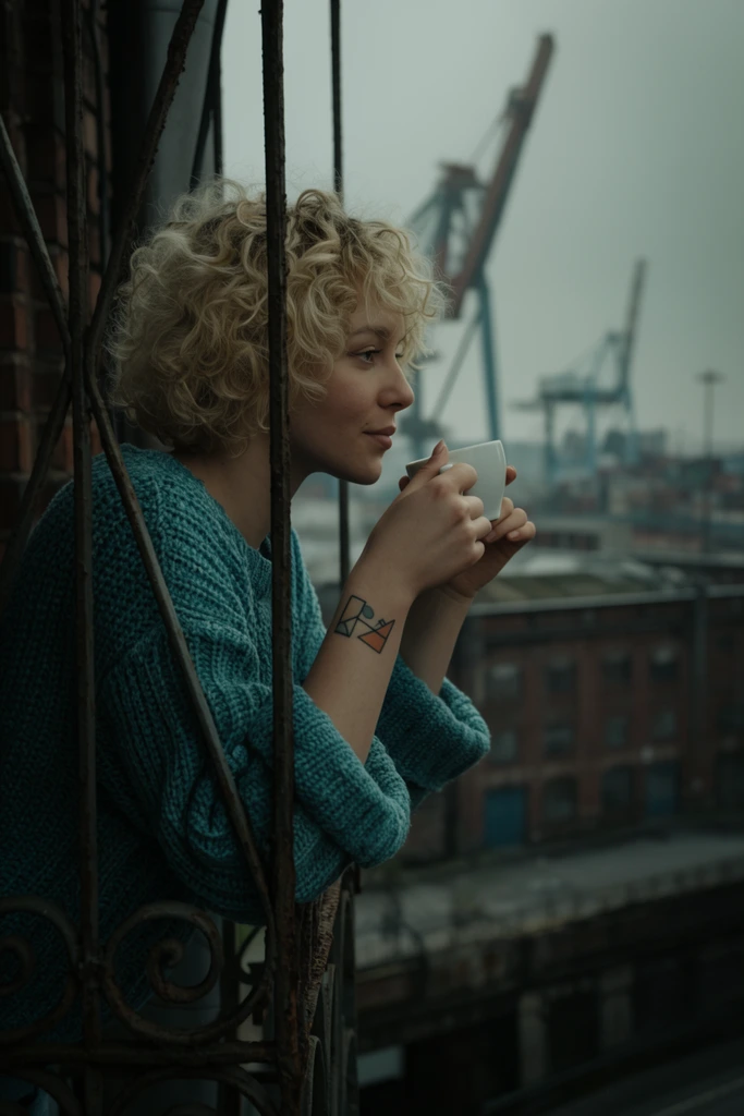 A young woman with short, curly blonde hair and minimal natural makeup leans against a rusted wrought-iron balcony railing, holding a small white ceramic coffee mug near her lips. She wears a chunky teal knit sweater and has a small abstract geometric tattoo on her upper arm. She is framed through the weathered iron bars in a medium profile shot. The background features a hazy, overcast industrial cityscape with towering shipping cranes and distant brick warehouse facades blurred by a shallow depth of field. The scene features moody, cinematic lighting with desaturated, cool color tones.