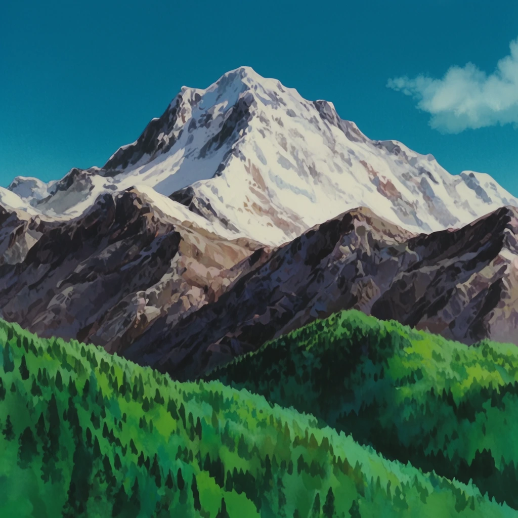 majestic snow-capped mountain peak, rugged rocky ridges, rolling foothills of dense green pine forest, clear blue sky, single small cloud, vibrant hand-painted anime background style, gouache