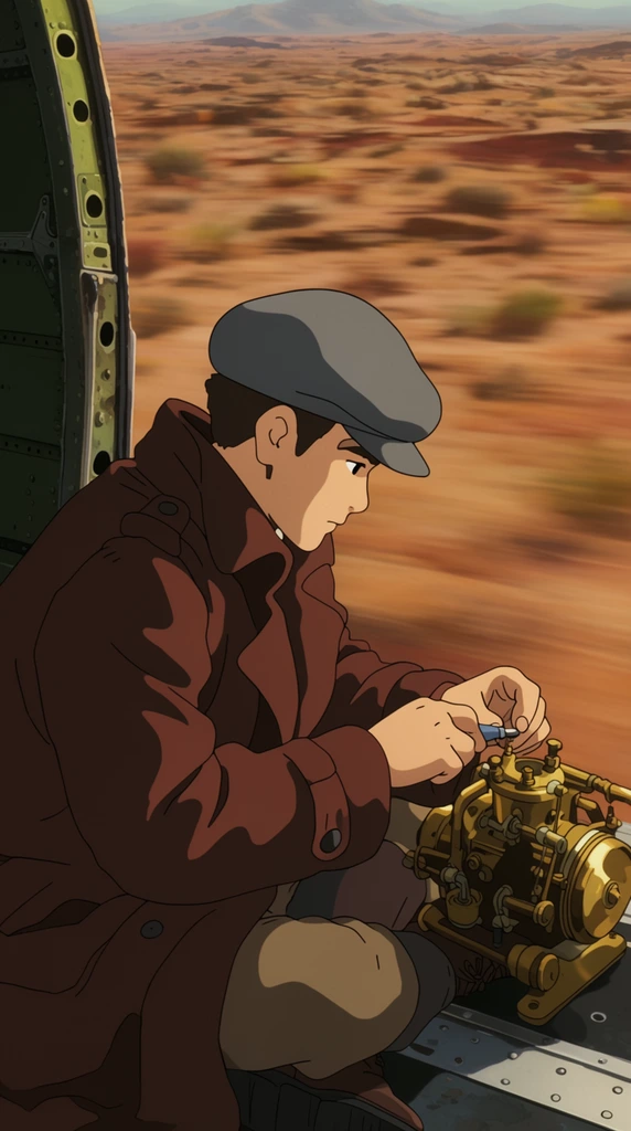 anime-style animation frame, young man repairing a brass mechanical device, heavy brown trench coat, grey newsboy cap, sitting by the open door of a moving cargo plane, blurred arid desert rushing past, cinematic profile shot, dynamic motion blur, cel-shaded, warm lighting, deep earth tones