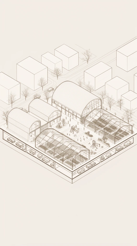 isometric architectural line drawing of an urban community complex, minimalist sepia-toned linework on a light beige background, cutaway section view revealing subterranean vehicular tunnels, above-ground buildings with large arched roofs, transparent greenhouse structures containing raised plant beds, central outdoor plaza with stylized miniature figures, small playground, surrounding street grid with boxy minimalist buildings, scattered bare trees, precise technical illustration aesthetic