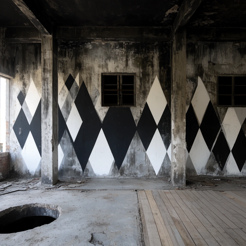 A geometric mural of large black and white diamonds and triangles stretches across the grimy wall of a derelict industrial room. Two concrete pillars support a dark ceiling. Dark square window frames interrupt the painted shapes. The floor transitions from concrete with a circular hole to wooden planks. Daylight from the left highlights the contrast between the crisp art and decaying textures.