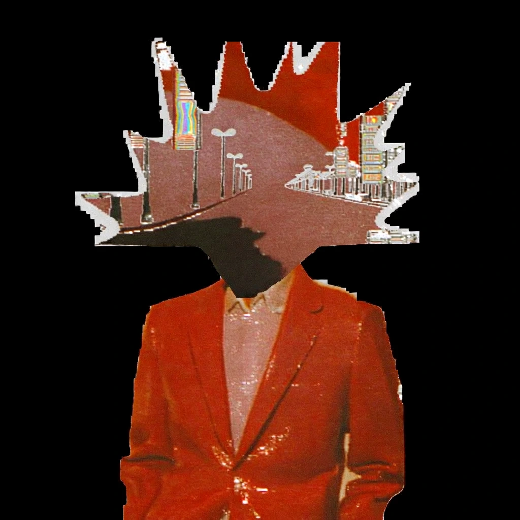low-fidelity vintage collage aesthetic, grainy high-contrast texture with heavy noise, single man in a sharp suit centered in the foreground facing away, head replaced by a large jagged burst of colorful prismatic energy, desolate empty city street with deep perspective, lined with vintage streetlights and glowing signs, saturated colors with heavy film grain, surrealist pop-art style, sharp cutout silhouettes, retro analog print quality, indie aesthetic.