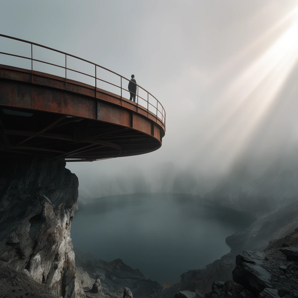massive circular rusted steel observation deck jutting over a jagged rocky cliff, lone figure on the upper railed platform overlooking a vast dark crater lake, dense ethereal mist shrouding the landscape, bright sunbeams piercing thick fog, muted palette of rust and slate grey, cinematic wide-angle view