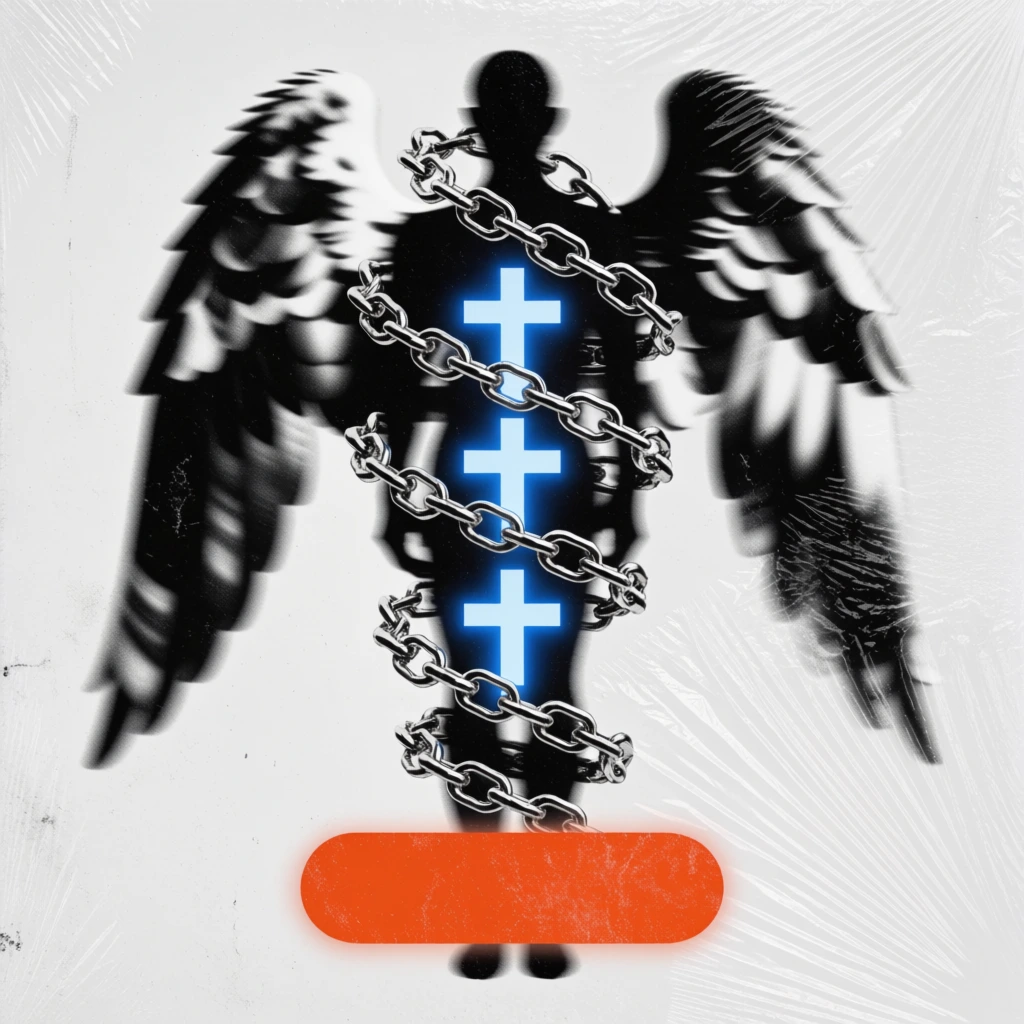 abstract black and white winged silhouette wrapped in silver chain, three stacked glowing blue crosses, floating blank orange pill shape, distressed plastic wrap texture, high contrast grunge