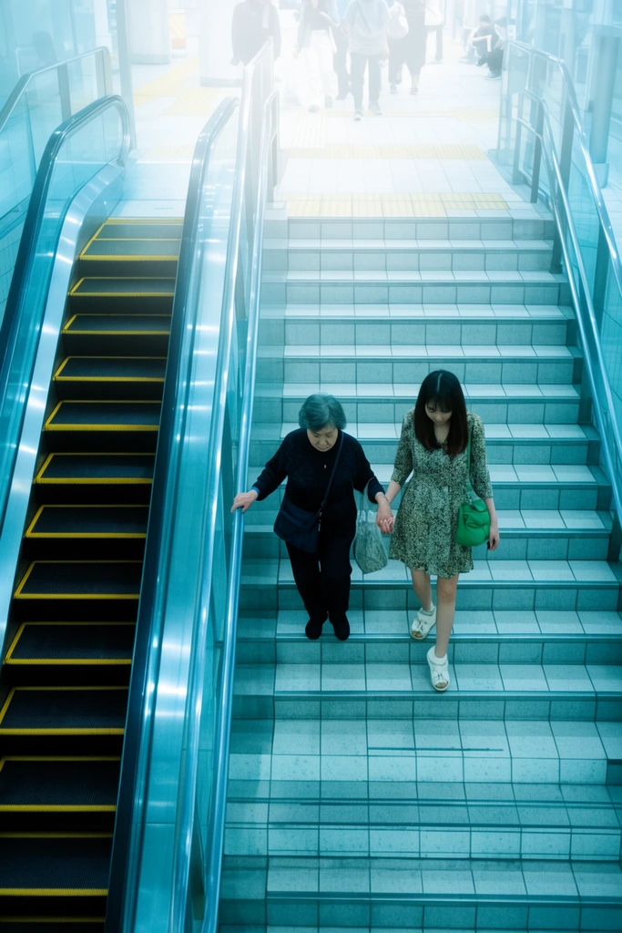 High-angle view of two women carefully descending a tiled staircase in a modern transit station. An older woman in dark clothing holds the glass-paneled handrail and clasps hands with a younger woman in a patterned dress carrying a green purse. A parallel downward escalator with yellow stripes sits on the left. The scene features cool cyan color grading and a bright, hazy bloom effect near the top landing where pedestrians walk.