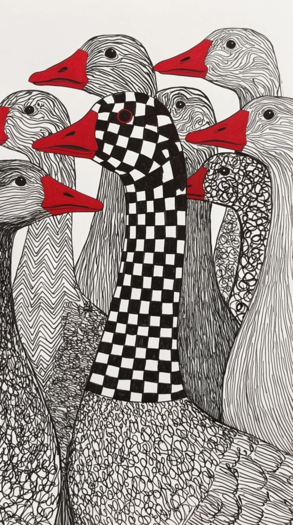 densely packed cluster of overlapping goose heads and long necks, black and white ink drawing, striking solid red beaks, central prominent neck featuring a bold black and white checkerboard pattern, surrounding birds filled with diverse intricate black linework, swirling contour lines, dense vertical hatching, geometric zigzags, tight looping scribbles, small black dot eyes, flat perspective, high contrast graphic art, minimal white background
