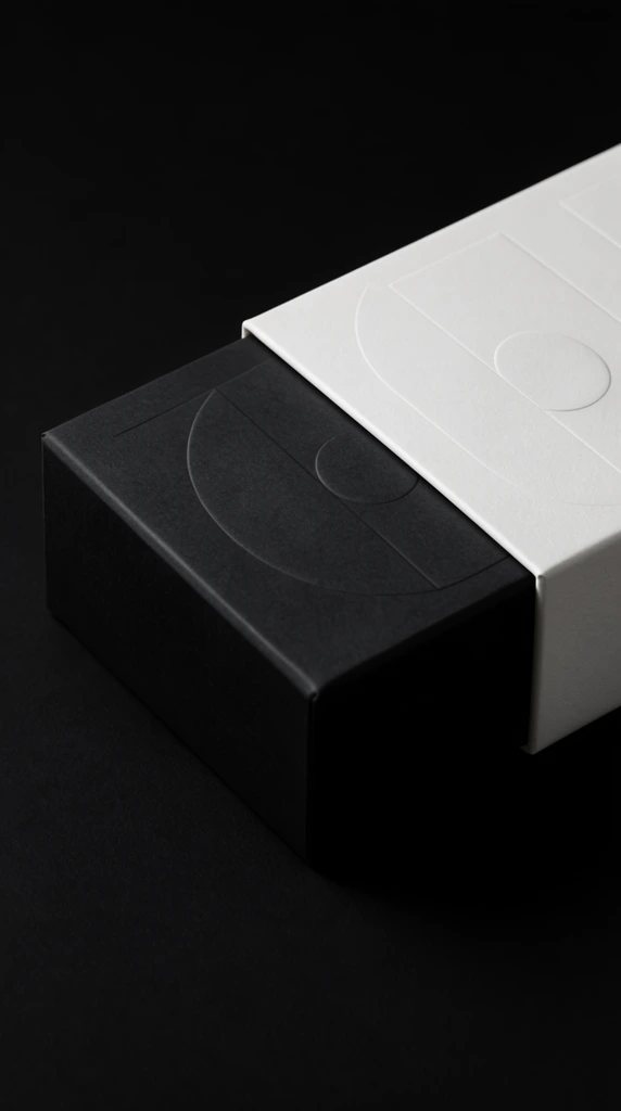 A minimalist square matte black box partially enclosed by a sliding matte white slipcase on a pitch-black background. Both surfaces feature subtle blind-debossed circular and linear geometric impressions. Low-key directional lighting highlights the premium textured paper material, soft gradients, and sharp edges in this high-contrast monochromatic product photography.