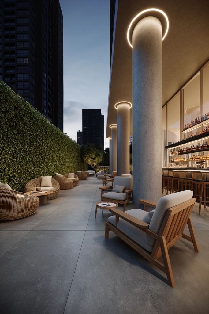 modern outdoor lounge terrace at dusk, concrete pillars with halo lighting, wooden armchairs, rattan seating, large grey tiles, tall green hedge, warm interior bar, dark high-rises in background, wide angle architectural rendering
