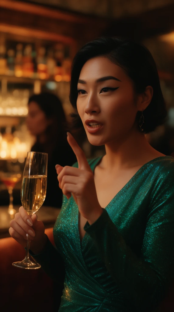 A cinematic close-up of a sharp-featured Asian woman in a shimmering emerald-green evening gown, speaking emphatically with a raised index finger. She holds a delicate champagne flute catching the warm ambient light. Her face features striking winged eyeliner and a confident expression. The beautifully blurred background reveals a luxurious cocktail lounge bathed in moody, amber-toned lighting, with out-of-focus shelves of glowing glassware and the faint silhouette of another patron. The shallow depth of field isolates the subject, emphasizing rich textures and an elegant, upscale atmosphere.