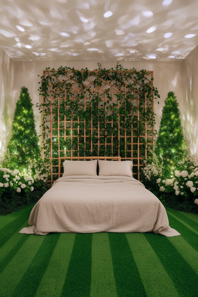 surreal indoor garden bedroom, centered bed with simple beige linens, wooden trellis headboard covered in climbing vines, striped green artificial turf floor, flanked by tall illuminated evergreen bushes and white flowers, dappled ceiling lighting, symmetrical composition