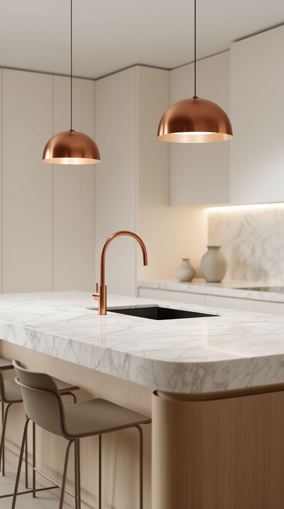 A minimalist kitchen centers on a thick white and grey veined marble island illuminated by two dome-shaped copper pendant lights. A tall curved copper faucet stands over a dark integrated sink. The island's smooth wood base pairs with thin-framed taupe bar stools. Soft architectural lighting highlights seamless off-white cabinetry, a matching marble backsplash, and subtle ceramic vessels in the softly focused background.