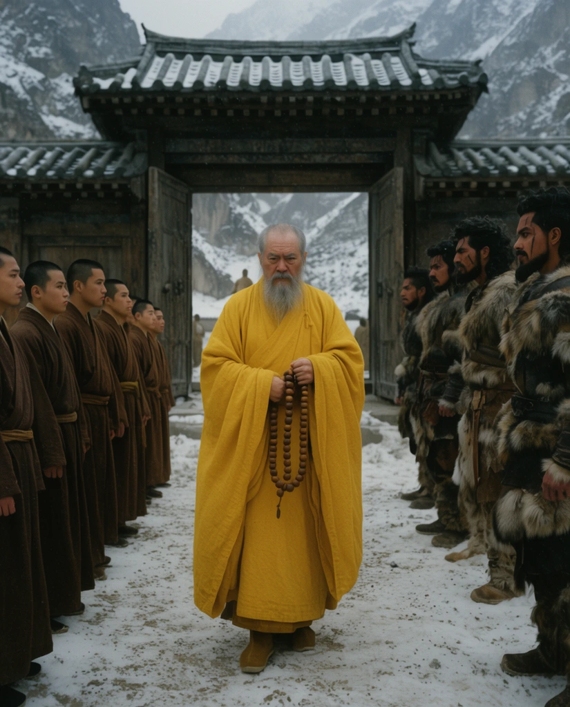 elderly bearded monk in flowing yellow robes gripping wooden prayer beads, disciples in brown tunics facing rival warriors in fur armor, snowy mountain temple courtyard, wooden gates, cinematic wide shot, overcast diffused lighting, 35mm film grain