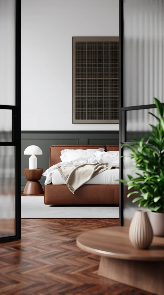 A minimalist bedroom viewed through partially open black metal doors with fluted glass panels. A low-profile bed upholstered in warm brown leather features rumpled white linens and a draped beige throw blanket. Beside the bed, an hourglass-shaped wooden side table holds a domed white mushroom lamp. The background wall is split into dark green-gray lower paneling and stark white above, centering a tall rectangular artwork with a dark geometric grid. The softly blurred foreground reveals a rich brown herringbone wood floor, a circular wooden table bearing a ribbed vase, and a vibrant green potted plant. Shallow depth of field and soft diffused lighting create a serene, sophisticated interior composition.