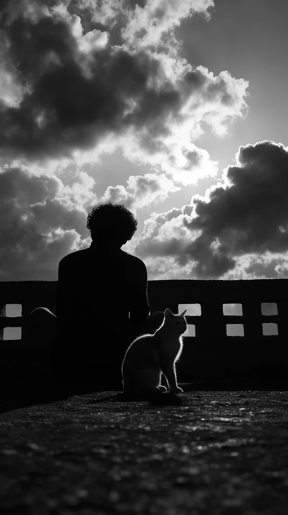 black and white photograph, high contrast silhouette of a seated person, rim-lit cat, wall with rectangular cutouts, dramatic cumulus clouds, backlit sky, low ground-level perspective