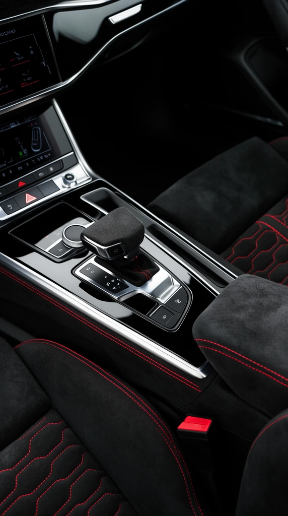 high-performance car center console, sleek gear shifter in black suede and brushed metal, glossy black trim panels, dark suede armrest with bright red topstitching, adjacent sports seats featuring black suede with red honeycomb quilted pattern, polished aluminum accent lines, illuminated digital climate interface, crisp automotive macro photography, shallow depth of field, moody high-contrast lighting