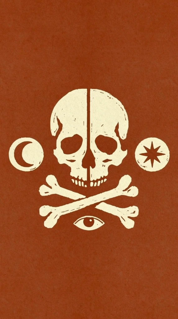 A centered, vintage-style linocut emblem on a textured, warm terracotta background. The focal point is a stylized, cream-colored human skull vertically split down its exact center by a dark line, creating symmetrical left and right cranial halves. Beneath the jaw rest two thick crossed bones. A single stylized open eye sits nestled in the space beneath the intersecting bones. To the left of the skull is a circular icon containing a crescent moon, and to the right, a matching circular icon enclosing an eight-pointed star. The artwork utilizes a bold, two-color palette with flat shading and slightly distressed, organic edges, mimicking the aesthetic of a retro block print or stamp pressed onto grain-textured paper.