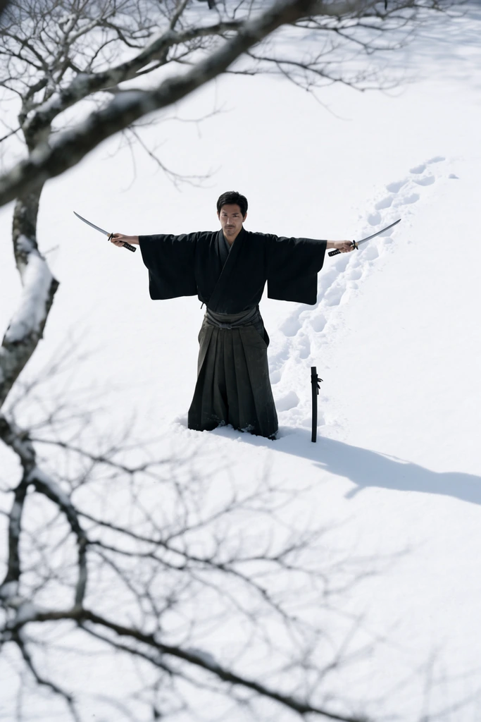 A man in a dark kimono and wide hakama pants stands in a bright snowfield with arms outstretched, holding a short blade in each hand. A trail of footprints cuts through the deep snow behind him. A scabbard rests upright near his leg. Thick, blurred leafless tree branches frame the left foreground, contrasting sharply with the stark white environment. The high-angle cinematic wide shot highlights the isolated figure against the vast winter landscape.