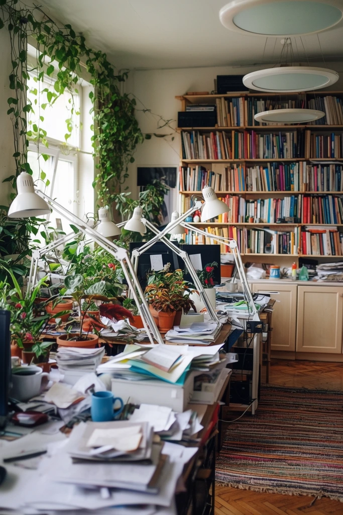 A sunlit, cluttered design studio brimming with lush indoor plants, scattered papers, and articulated white desk lamps. Workstations hold stacks of documents, monitors, a blue mug, and terracotta pots with vibrant foliage. Adjustable architect lamps stretch across the desks. Tall wooden bookshelves densely packed with colorful spines fill the background. A window draped in hanging vines lets in bright daylight, illuminating circular pendant fixtures, a striped woven rug on the parquet floor, and pale wooden cabinets. The deep depth of field captures the layered, realistic interior chaos.