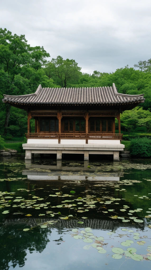 traditional Asian pavilion over a pond, grey tiled roof, wooden lattice, white stone base, dark water reflection, scattered lily pads, lush green trees, overcast sky, wide landscape photography