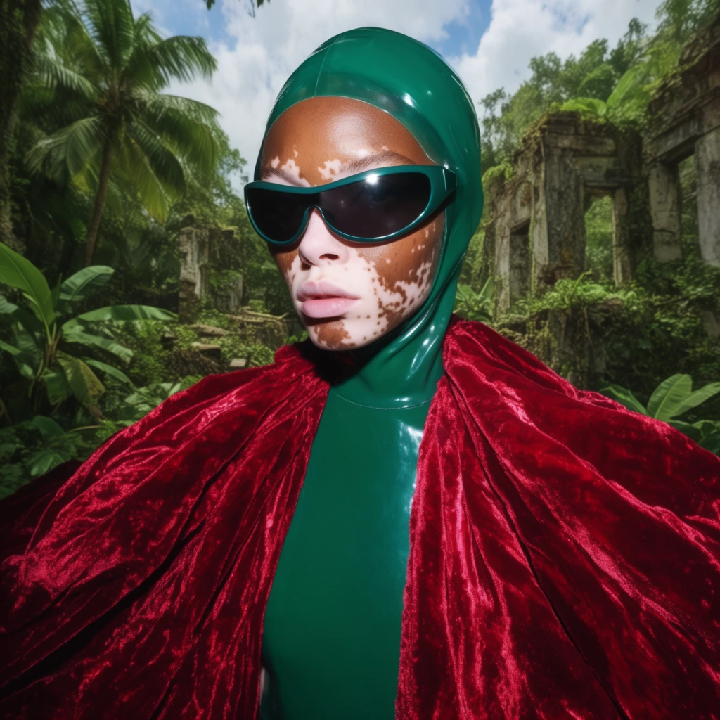 An avant-garde fashion portrait of a female model with vitiligo, wearing a glossy emerald green latex hood and sleek wraparound sunglasses. She is draped in a voluminous, textured crimson velvet cloak billowing around her shoulders. The figure stands against a hyper-realistic backdrop of overgrown tropical jungle ruins. Shot with a wide-angle lens and intense direct flash, the composition creates a surreal editorial aesthetic with deep focus, striking color contrasts, and a dramatic, artificial atmosphere.