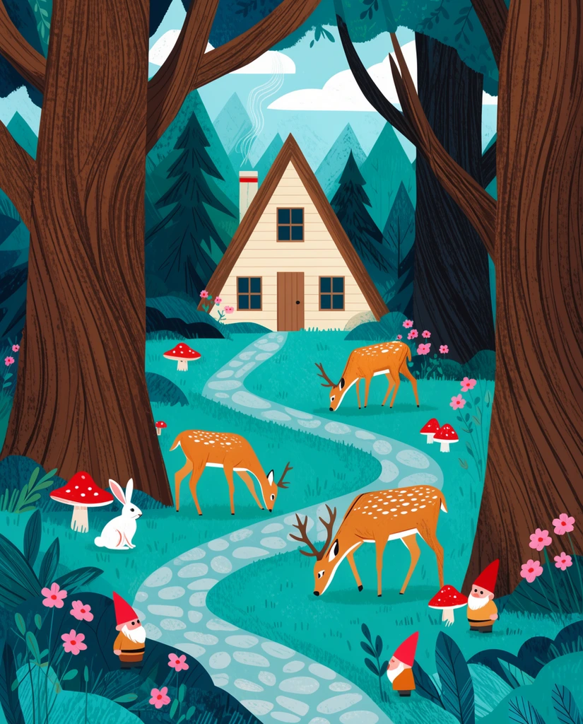 A whimsical flat vector illustration of a layered forest framed by massive tree trunks. A stone path winds through teal grass past three grazing deer toward a distant A-frame cottage. Red mushrooms, pink flowers, a rabbit, and two tiny gnomes detail the textured, jewel-toned landscape.