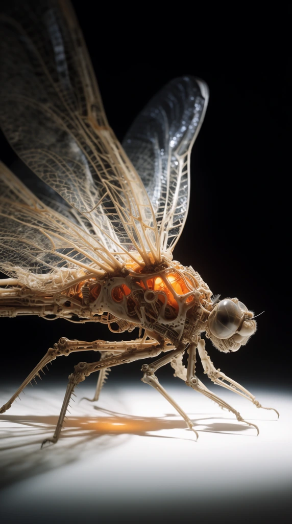 intricate skeletal dragonfly sculpture, bone-colored biomechanical lattice structure, large translucent wings, warm glowing orange thorax, spindly mechanical legs, resting on brightly illuminated white surface, pitch-black background, dramatic macro photography, high contrast
