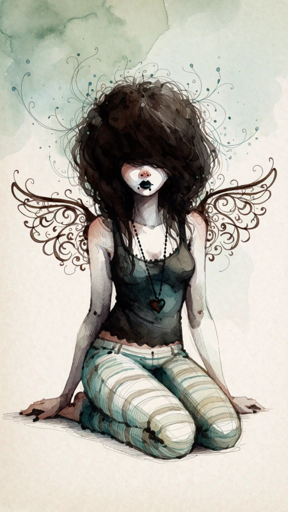 A stylized illustration features a pale, winged figure with voluminous dark hair covering her eyes, kneeling on a plain, textured background. The central subject is a young woman with extremely large, messy, dark brown hair that cascades over her forehead and face, completely concealing her eyes. Fine, swirling, vine-like lines and small blue dots emanate from the top and sides of her hair into the surrounding space. Her skin is starkly pale, and she wears dark lipstick with a small dark mark below her lower lip. She is dressed in a dark, form-fitting tank top with a scalloped hem and light-colored, striped pants in shades of teal and off-white. Around her neck hangs a long dark chain with a heart-shaped pendant. Protruding from her shoulder blades are small, intricate wings composed of dark brown, swirling, calligraphic-style loops and ornate line work instead of feathers. She is positioned in the center of the frame, kneeling on the ground with her weight shifted back and her arms extended to her sides, hands resting near her feet for support. The background is minimalist, consisting of a soft, watercolor-like wash of pale green and teal at the top that fades into a textured cream color toward the bottom. The artistic style is a blend of sketching and watercolor, characterized by heavy cross-hatching for shading and delicate, expressive linework throughout the figure. The color palette is muted, dominated by earthy browns, deep blacks, and cool teals against a neutral, paper-like backdrop. The lighting is soft and diffused from the front, creating subtle depth through the varying thickness of the ink lines and shaded areas.