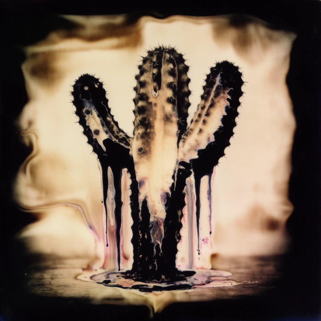 A severely degraded analog photograph captures a single thick cactus with two upward-pointing arms dissolving into dark chemical drips. The central cactus, covered in small spikes, features a thick main body rendered in a damaged Polaroid emulsion lift style with stark black outer edges that bleed inward into a luminous sepia and pale cream interior. The base of the plant sits in a puddle of liquid on a flat surface, visually blending with thick, ink-like melted streaks cascading heavily downward from the lower half of the silhouette. These vertical dark fluid runs contain subtle oxidized pink and purple chemical staining. The surrounding background is a warped, soft wash of beige and cream exhibiting heat-distorted, scorched textures, entirely encased by a deep, pitch-black vignette that aggressively encroaches upon the borders of the square composition.