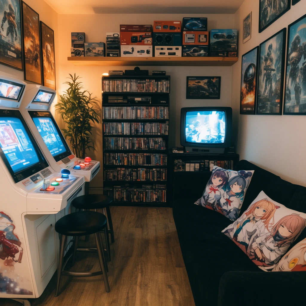 retro gaming lounge, white sit-down arcade cabinet, black sofa with anime character pillows, shelves packed with media cases, glowing CRT television, floating shelf holding vintage electronics boxes, framed sci-fi posters, tall potted plant, warm ambient lighting, cozy maximalist interior, casual room photography