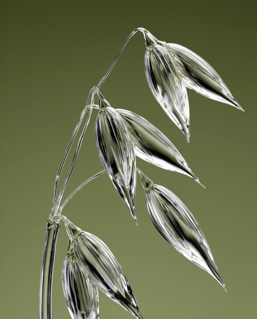 A curved stalk of oat grain rendered entirely in highly reflective, transparent glass. The central stem supports drooping, teardrop-shaped seed heads attached by delicate filaments. Sharp white specular highlights and deep refractive shadows emphasize the smooth, rigid, crystalline texture of the translucent plant. The minimalist composition isolates the synthetic organic form against a flat, solid, muted olive-green background under studio lighting, creating a high-contrast macro perspective with sharp focus.