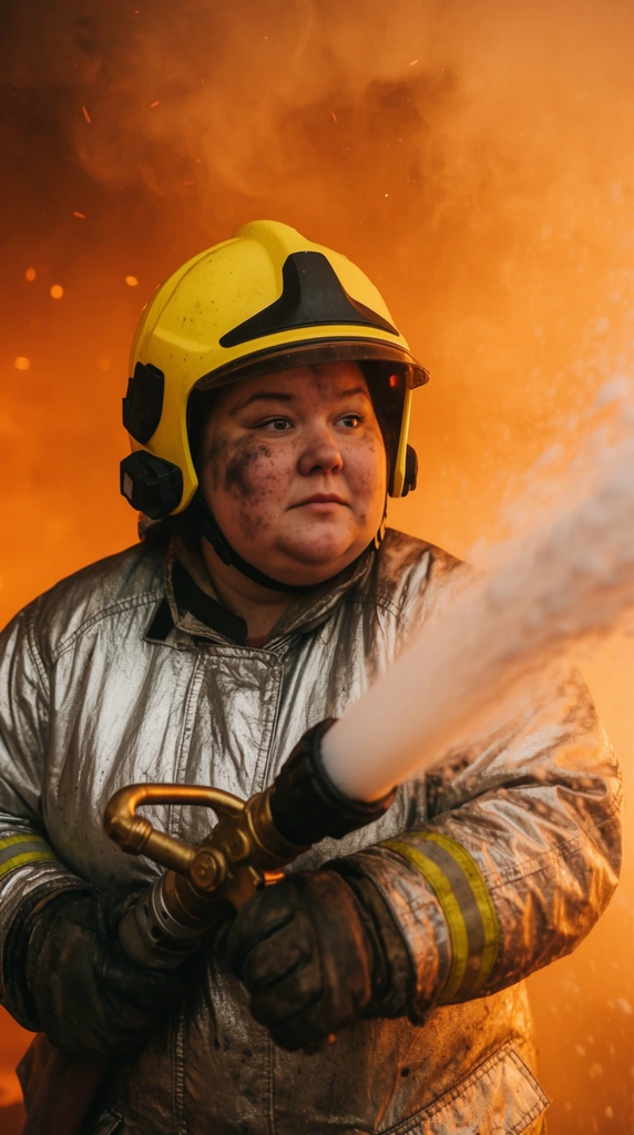 A rugged, broad-shouldered female firefighter with a rounded face directs a high-pressure hose through an intense, smoke-filled environment. Heavy soot stains cover her cheeks as she maintains a fiercely focused expression, wearing a bright yellow modern protective helmet and a reflective silver turnout coat. She grips a heavy brass nozzle with thick gloves, shooting a dense stream of white foam diagonally across the right side of the frame. The environment is engulfed in a hazy, monochromatic orange glow, thick with billowing smoke and swirling embers catching the dramatic light. Shot in a cinematic widescreen format with a shallow depth of field, the composition tightly focuses on the gritty subject while blurring the chaotic background into a rich wash of amber and gold textures.