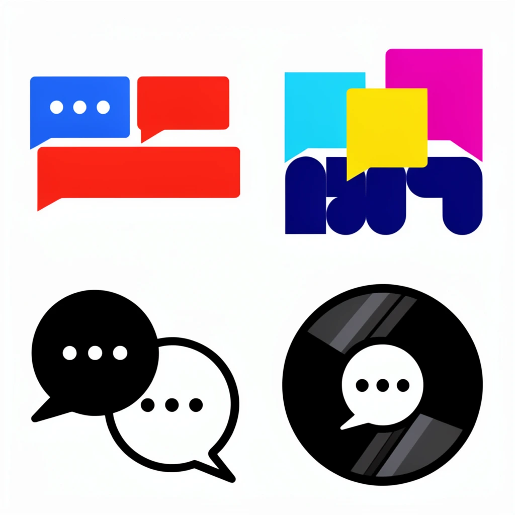 Four flat graphic designs arranged in a two-by-two grid on a stark white background, each integrating stylized speech bubble motifs. The top-left quadrant features a flag-like arrangement of three rectangular speech bubbles: a blue bubble with three white dots beside a short red bubble, both resting above a long red bubble. The top-right shows three vibrant, overlapping square speech bubbles in cyan, yellow, and magenta hovering over thick, dark blue, rounded abstract geometric forms. The bottom-left presents two intersecting circular speech bubbles: a solid black bubble with white dots overlapping a white bubble with a heavy black outline. The bottom-right quadrant displays a black vinyl record accented by diagonal grey highlights, featuring a white circular speech bubble with three black dots positioned perfectly in its center.