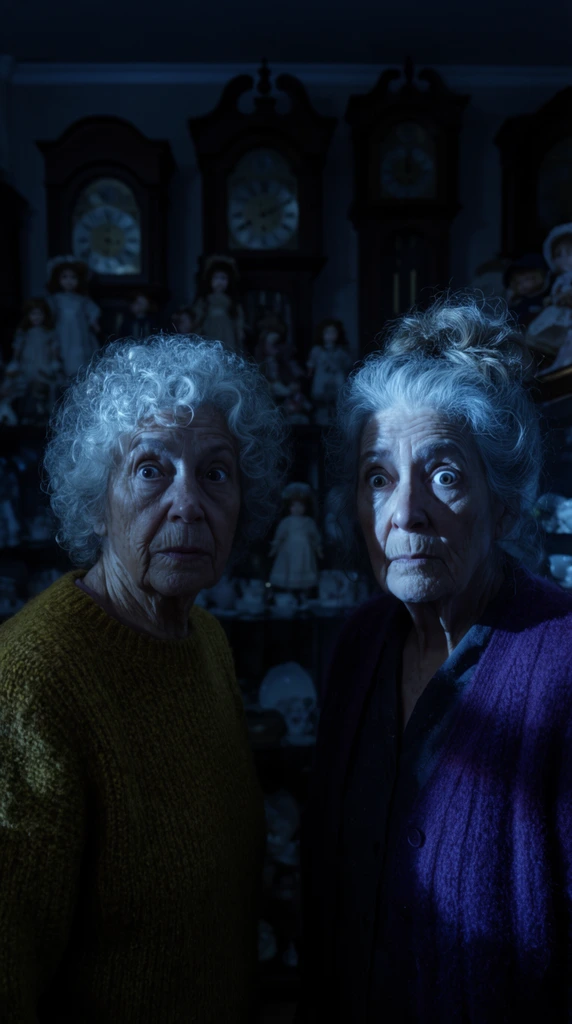 Two elderly women stare forward with wide-eyed, intense curiosity inside a dimly lit antique shop. The woman on the left has tightly coiled silver hair and wears a thick mustard-yellow wool sweater. Beside her, the second woman features a messy gray bun and a deep purple cardigan. A dramatic beam of cold blue moonlight sharply illuminates the right side of their weathered faces, casting heavy shadows on the left. The cinematic widescreen composition uses a shallow depth of field, blurring the background into dark silhouettes of towering grandfather clocks and porcelain dolls. The scene features low-key, high-contrast lighting with a moody, cool color palette.