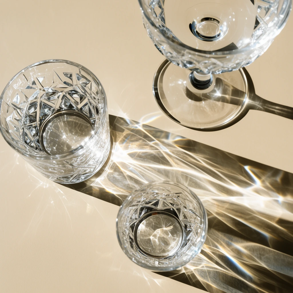 Overhead shot of crystal cut-glass tumblers and a stemmed glass on a smooth beige surface. Direct sunlight casts elongated, intricate refractive caustics and sharp shadows. Minimalist still life emphasizing light play.