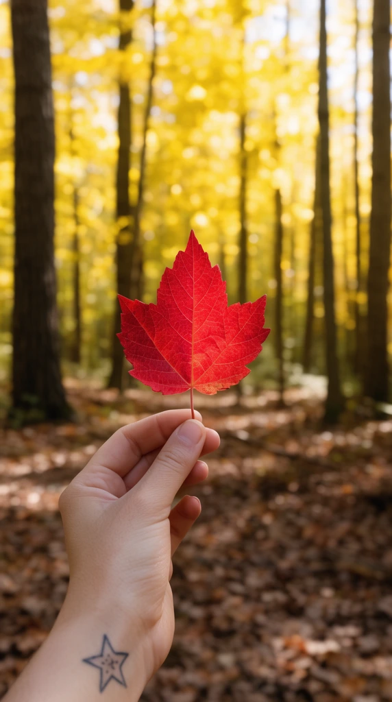 A hand bearing a small star tattoo on the wrist delicately pinches the stem of a vibrant red autumn leaf. The sharply focused leaf and hand contrast against a softly blurred, sunlit forest background featuring tall tree trunks, bright yellow foliage, fallen brown leaves, and warm dappled light.