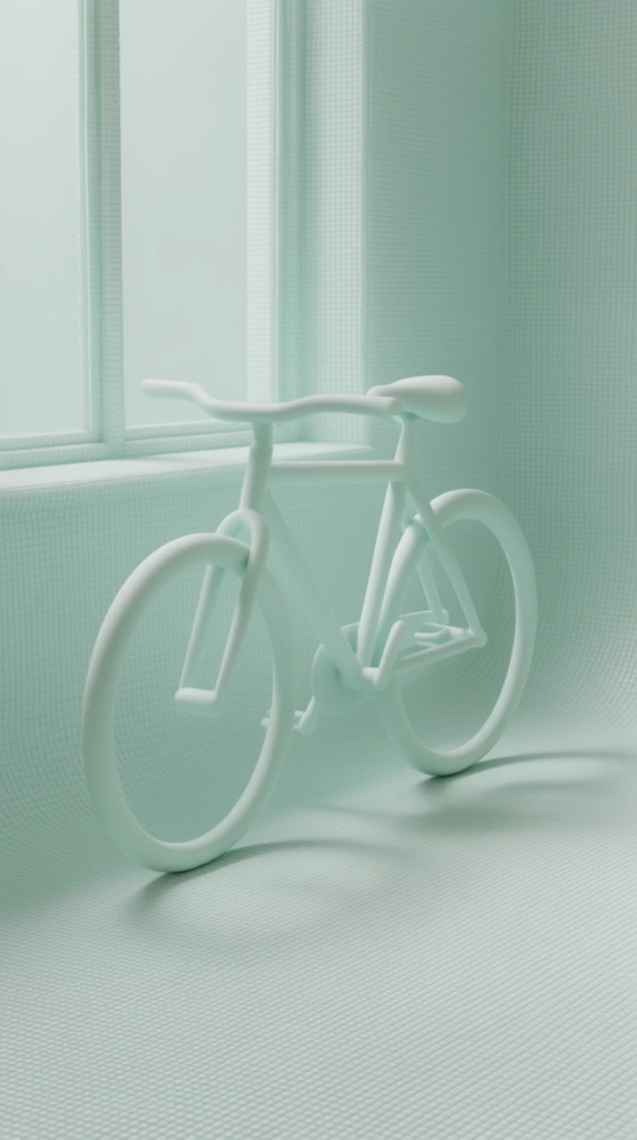 A bicycle positioned indoors next to a window, rendered entirely in a monochromatic pastel mint green palette. The bicycle is constructed from smooth, pristine, matte tubular forms, resting on a floor that curves seamlessly into the walls. The entire architectural space, including the floor, walls, and window frame, is enveloped in a meticulous, repeating fine grid texture resembling tiny raised square tiles or a three-dimensional graph paper mesh. Soft, diffused lighting pours through the window, casting gentle, elongated drop shadows from the bicycle across the gridded mint green floor. The aesthetic is a hyper-stylized 3D digital rendering characterized by flawless uniform materials, smooth lighting gradients, minimalist composition, and a surreal, pristine atmosphere.