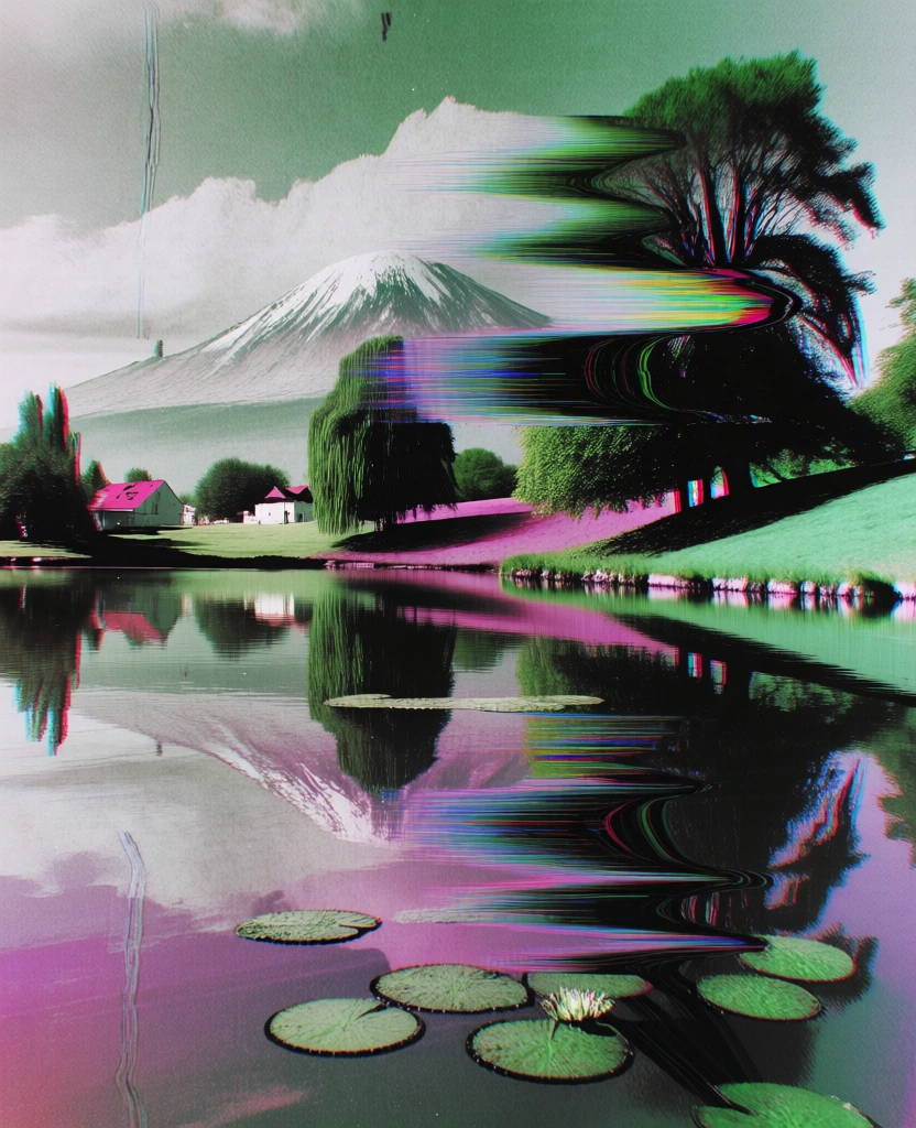 a lake with lily pads in the foreground, reflecting midground banks with large leafy trees and small buildings on the left, a snow-capped mountain under clouds, heavy glitch art aesthetic, horizontal slit-scan smearing, vibrant digital scanlines, chromatic aberration, high-contrast palette of electric green, magenta, and deep black, stretched pixelated textures, grainy digital artifacts, surreal 90s aesthetic, distorted perspective, liquid-like melting effects