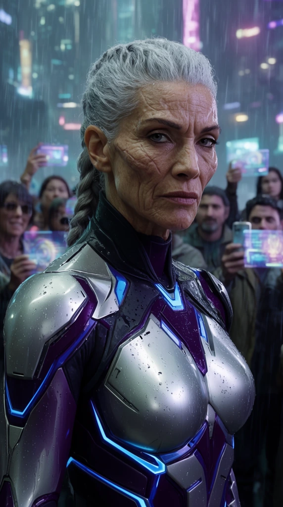 A rugged, older woman with sharp cheekbones, a scarred complexion, and silver hair woven into a tight braid holds a focused, commanding glare. She wears a sleek, metallic silver and deep violet armored suit adorned with geometric, glowing blue accents and a high, dark collar. Behind her, a softly blurred crowd of onlookers stands in a futuristic, neon-lit cyberpunk cityscape during a heavy downpour, some holding up glowing holographic devices to record the scene. Captured in a cinematic medium close-up, the shallow depth of field sharply isolates the central figure while cool neon lighting reflects off her rain-slicked armor, creating high-contrast shadows and a dramatic, high-fidelity atmosphere.