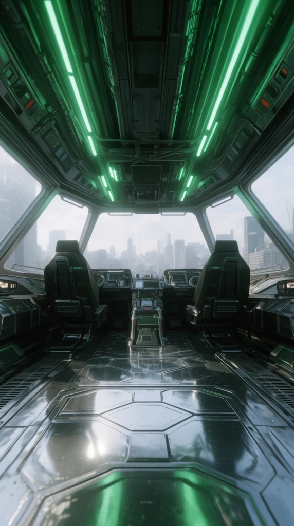 Sci-fi cockpit interior, glossy geometric metal floor, glowing green neon lights, large angled windows, overlooking hazy daytime cityscape, symmetrical composition, photorealistic 3D render