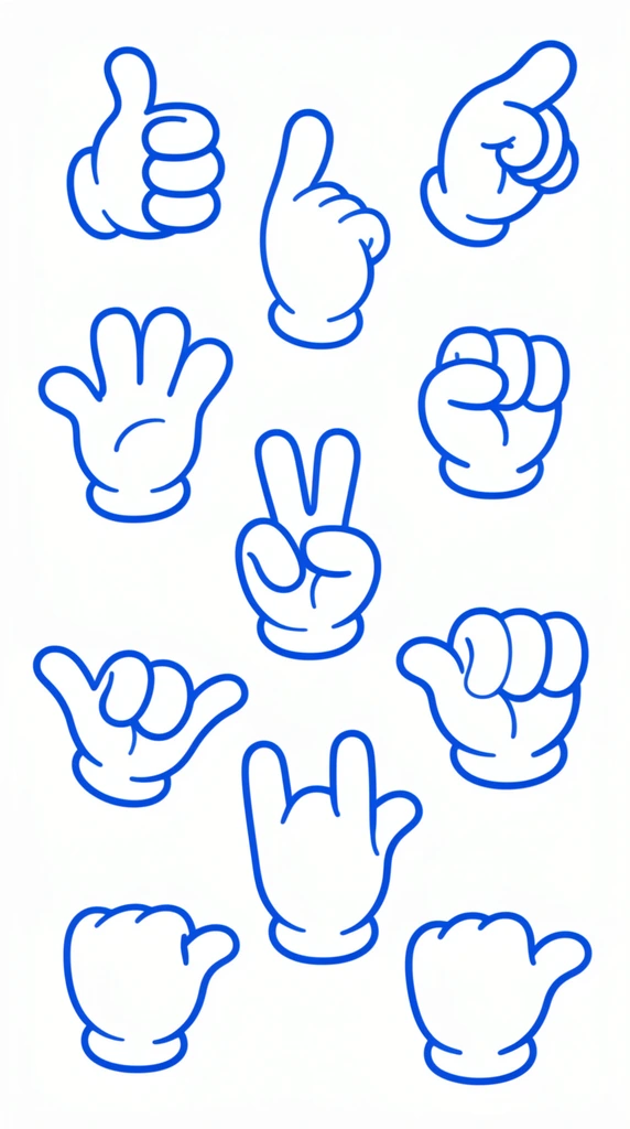 Eleven cartoon gloved hands in various gestures drawn with thick blue line art on a white background. The hands show a thumbs-up, pointing finger, open palm, fist, shaka, peace sign, rock-on, and resting poses. The style features classic rubber-hose animation traits, including rounded fingertips, plump proportions, and banded wrist cuffs. The composition is a flat, graphic vector design relying solely on crisp, uniform blue outlines without shading or fill colors.