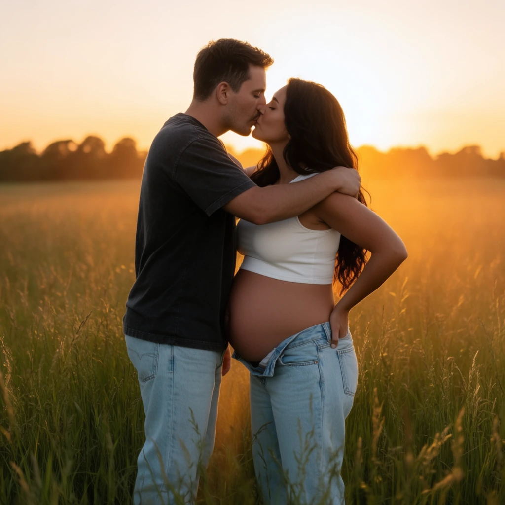 A pregnant woman and a man kiss while standing in a tall grassy field illuminated by golden hour backlighting. Captured in profile, the man wears a charcoal t-shirt and light wash jeans, wrapping his arm around the woman's shoulders. The woman features long dark wavy hair, a white crop top, and open light blue jeans revealing her bare pregnant belly, her hand resting on her hip. Warm sunlight from the setting sun creates a luminous haze and gentle rim light around their figures. A silhouetted tree line rests on the horizon under a warm gradient sky. Softly blurred foreground grass blades frame the intimate scene.