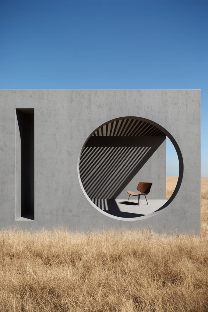 Minimalist concrete structure in dry golden grass under a clear blue sky. The rectangular facade features a narrow vertical cutout and a large circular opening revealing a shaded patio, a modern brown chair, and stark slatted shadows. Photorealistic architectural render.
